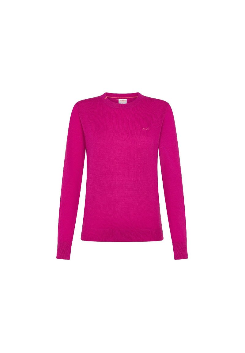 Maglione fucsia a maniche lunghe, collo rotondo, polsini e orlo a coste, texture morbida, logo discreto sul petto. Realizzato in materiale leggero.