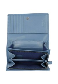 Blue leather wallet with multiple card slots, two compartments, a zippered section, and a smooth texture. Features a snap closure.