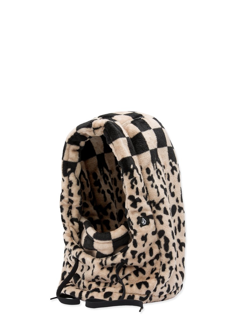 Manta con capucha de estampado de leopardo en beige y negro, elaborada con suave tela de felpa, que presenta un patrón de cuadros en blanco y negro y cordones negros.