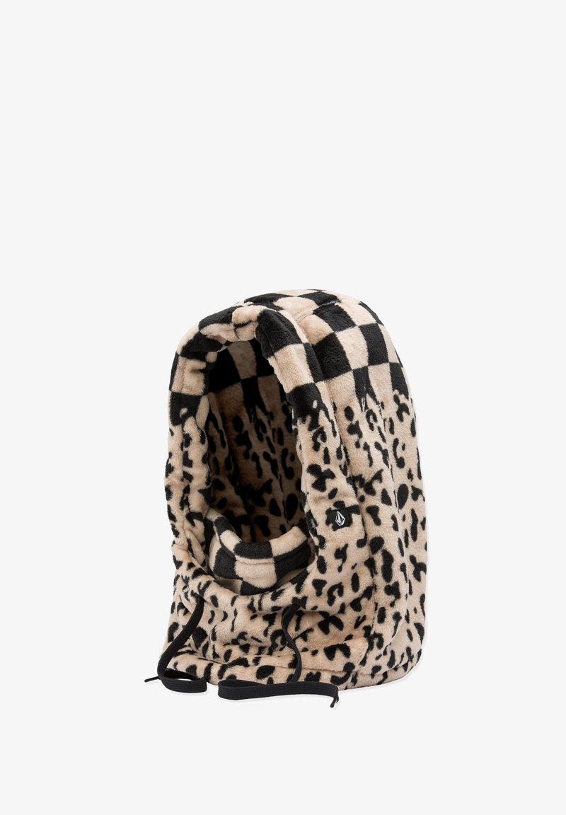 Manta con capucha de estampado de leopardo en beige y negro, elaborada con suave tela de felpa, que presenta un patrón de cuadros en blanco y negro y cordones negros.