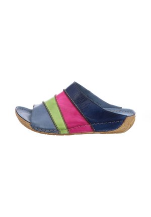 Leather slide sandal with multicolored stripes in blue, green, and pink. Features an open toe design and textured cork outsole.