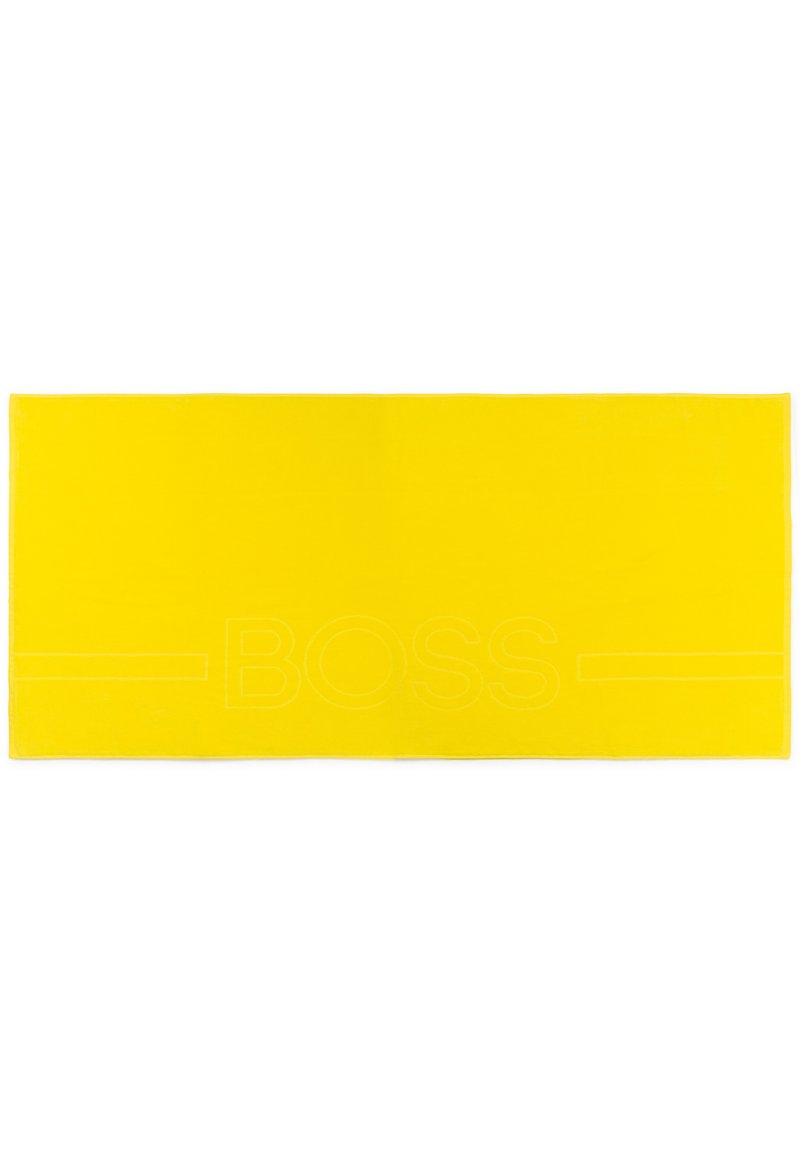 Felgeel badhanddoek, zachte textuur, rechthoekige vorm. Bevat een subtiele reliëfafdruk van het "BOSS" logo en dunne horizontale lijnen aan beide uiteinden.