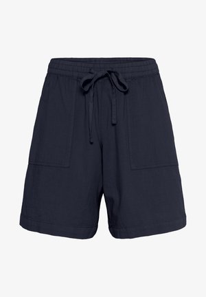Marineblå shorts lavet af let stof, med elastisk talje og snor, samt to sidelommer. Enkel design, ingen mønstre.