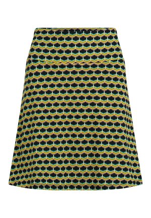 Rozkloszowana spódnica z wzorem plastra miodu w odcieniach zieleni, czerni i żółci. Wykonana z tkaniny o gładkiej fakturze, z dopasowanym taliowaniem.