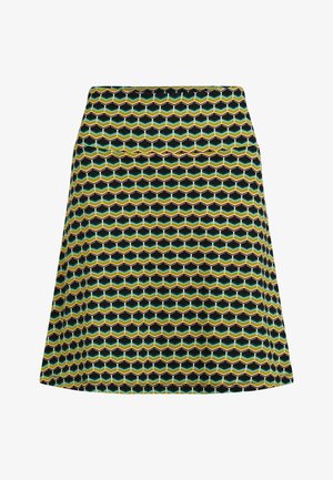 Rozkloszowana spódnica z wzorem plastra miodu w odcieniach zieleni, czerni i żółci. Wykonana z tkaniny o gładkiej fakturze, z dopasowanym taliowaniem.