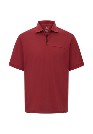 Polo à manches courtes en rouge profond avec un col zippé, une poche poitrine à l'avant et un tissu lisse et léger.