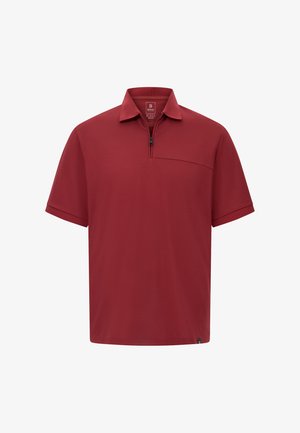 Lühikeste varrukatega polo särk sügavas punases värvitoonis, millel on lukuga krae, rinnatasku ja sile, kerge kangas.