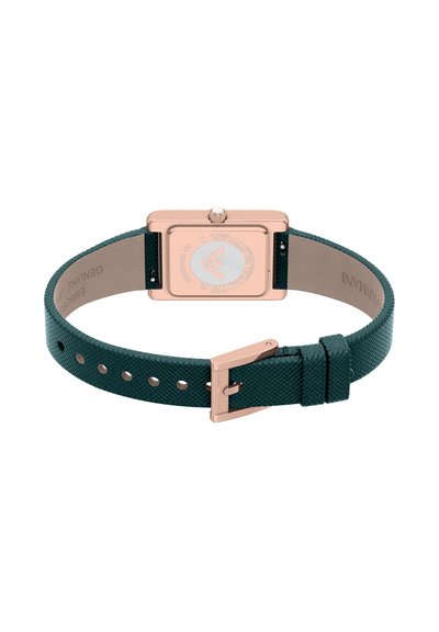 Groen gestructureerd horlogebandje met een rechthoekige kast van roségoud, zilveren wijzerplaat en kroon. Verstelbare gesp met meerdere gaatjes in het bandje.