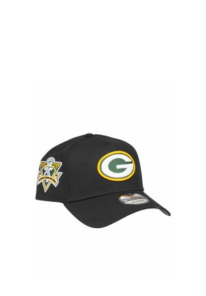 Black baseball cap with a green and yellow Green Bay Packers logo on front and a commemorative patch on the side.