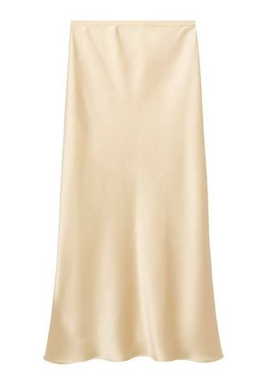 Satin midi skirt in a light beige color. Smooth texture, flowing design with a slightly flared hem. No visible closures or embellishments.
