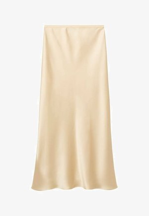 Satin midi skirt in a light beige color. Smooth texture, flowing design with a slightly flared hem. No visible closures or embellishments.