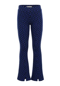 Blauwe en zwarte flare-broek met een geometrisch hartpatroon en frontslits aan de onderkant, maat XS, hoge taille.