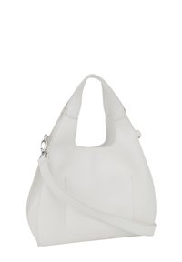 Borsa a tracolla in pelle bianca con una texture liscia, forma arrotondata e una lunga tracolla. Presenta un'apertura superiore e dettagli di cucitura discreti.