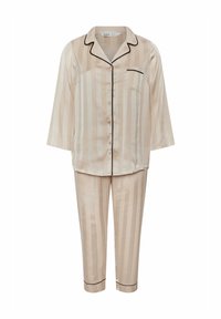 Pyjamasett i beige satin med vertikala ränder, med en knapp-up topp med trekvartslånga ärmar, en bröstficka och svarta detaljer.