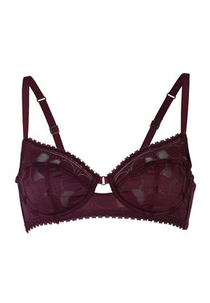 Reggiseno in pizzo bordeaux con ferretto, caratterizzato da un dettaglio a chiave al centro, spalline regolabili e bordi scallop lungo le coppe.