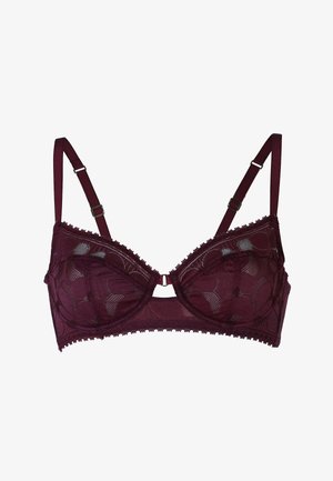 Reggiseno in pizzo bordeaux con ferretto, caratterizzato da un dettaglio a chiave al centro, spalline regolabili e bordi scallop lungo le coppe.
