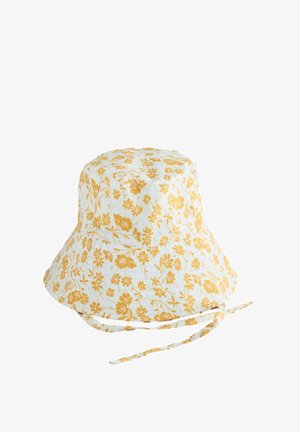 Witte bucket hat met geel bloemmotief en verstelbare stoffen kinband.