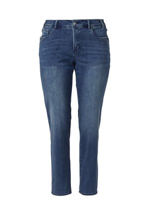 Donkere blauwe spijkerbroek met rechte pijpen, vijfzakkenontwerp en een standaard tailleband met knoopsluiting.