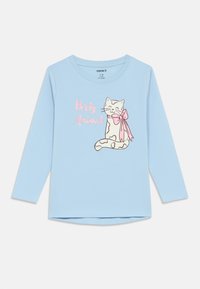 Camisola de manga longa para criança de cor azul clara com um gato sorridente a usar um laço rosa e as palavras "Animal da Festa" em texto de glitter rosa.