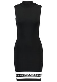 Abito senza maniche nero con colletto alto, caratterizzato da dettagli di bottoni decorativi sulle spalle e una fascia bianca con il testo "GUESS" all'orlo.
