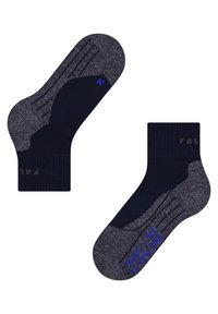 Calcetines de tobillo a rayas en azul marino y gris oscuro con puños acanalados y suelas texturizadas. Presentan una "R" en azul en un calcetín y "FAL" en el otro.