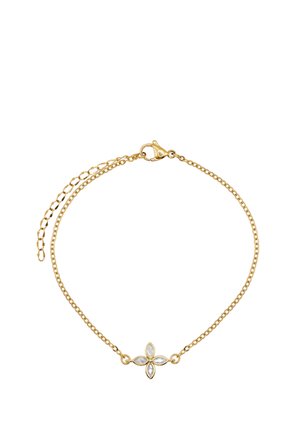 Bracelet chaîne en or avec un petit pendentif en forme de croix réalisé avec quatre pierres claires taillées en marquise et un fermoir réglable.