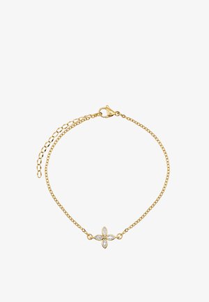 Gouden kettingarmband met een klein kruisvormig bedeltje gemaakt van vier marquise geslepen heldere stenen en een verstelbare sluiting.