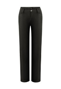 Schwarze Hosen mit geradem Bein, ausgestattet mit einem Knopfverschluss, zwei Fronttaschen und kontrastierenden Nähdetails.