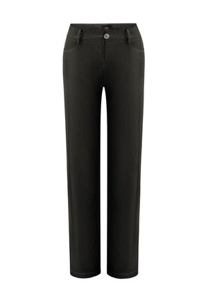 Pantalones negros con un diseño de pierna recta, que cuentan con un cierre de botón, dos bolsillos frontales y detalles de costura en contraste.