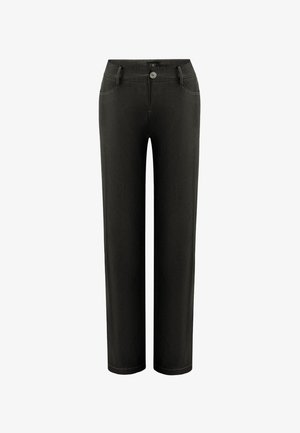 Zwarte broek met een rechte pasvorm, voorzien van een knoopsluiting, twee voorkruiken en contrasterende stikseldetails.