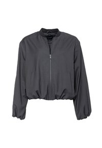 Przycięta szara kurtka bomberka wykonana z gładkiego materiału, z zamkiem błyskawicznym z przodu, elastycznym pasem i opuszczonymi spadkami ramion.