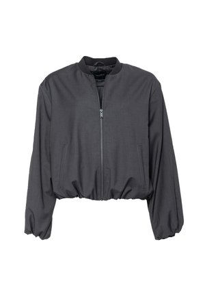 Przycięta szara kurtka bomberka wykonana z gładkiego materiału, z zamkiem błyskawicznym z przodu, elastycznym pasem i opuszczonymi spadkami ramion.