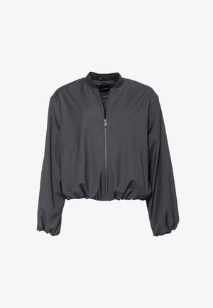 Zkrácená šedá bomber bunda vyrobená z hladkého materiálu, s předním zipem, elastickým pasem a sníženými ramenními švy.