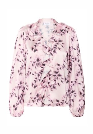 Pink floral blouse in silky fabric, featuring a ruffled neckline and balloon sleeves, with dark purple and blue accents in the pattern.