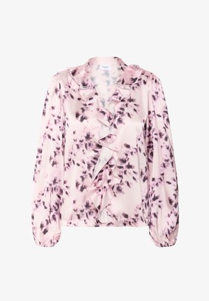 Pink floral blouse in silky fabric, featuring a ruffled neckline and balloon sleeves, with dark purple and blue accents in the pattern.