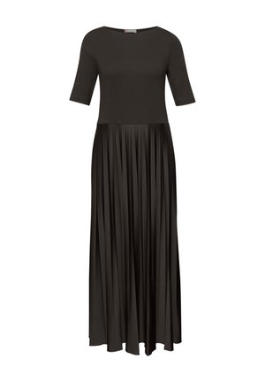 Robe midi noire avec manches jusqu'au coude, corsage ajusté et jupe plissée s'étendant de la taille jusqu'à l'ourlet.