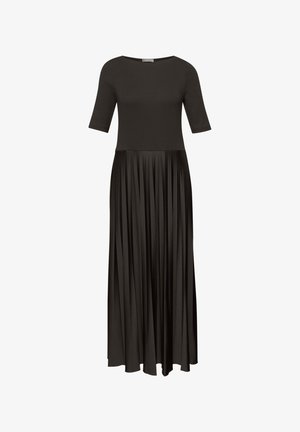 Schwarzes Midikleid mit ellbogenlangen Ärmeln, tailliertem Oberteil und einem plissierten Rock, der von der Taille bis zum Saum reicht.