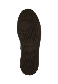 Brown shoe sole with deep tread patterns, circular and oval rubber accents, and a textured surface. Features a printed brand logo.