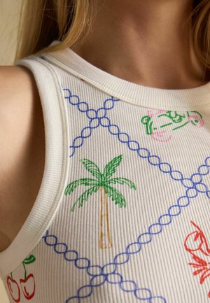 Close-up of white ribbed tank top with blue chain pattern, palm tree, cherries, and green and pink scooter illustrations.
