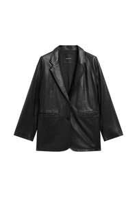 Zwarte leren blazer met een reverskraag, twee voorzakken en een knoopsluiting. Heeft een gladde textuur en lange mouwen.