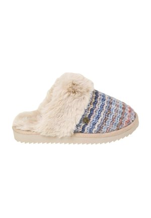 Multicolored knitted slipper with a soft faux fur collar, beige sole, and textured pattern featuring blue, cream, and pink stripes.