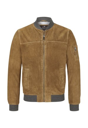 Veste bomber en daim beige avec col, poignets et bas côtelés gris, fermeture éclair devant, poches latérales et poche zippée sur la manche gauche.