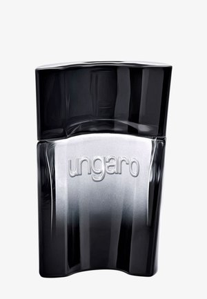 Sort og sølv gradient parfume flaske med en bred hætte, prægget med mærkenavnet "ungaro" på forsiden i midten.