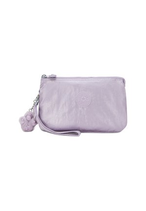 Lavender zippered wristlet pouch with brand logo and a small plush monkey keychain attached to the side.