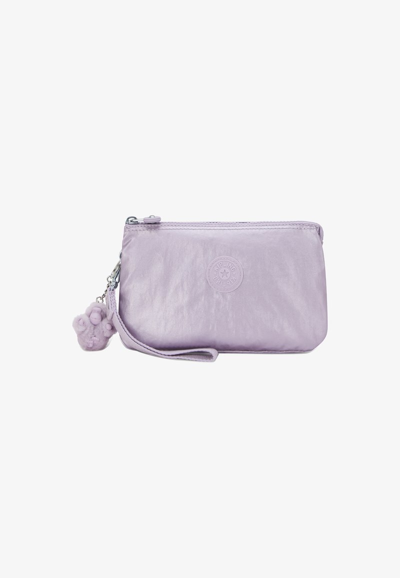 Lavender zippered wristlet pouch with brand logo and a small plush monkey keychain attached to the side.