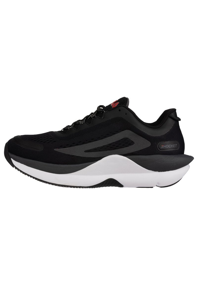 Scarpe sportive nere con una tomaia traspirante, accenti grigi e un ammortizzatore bianco, dotate di chiusura con lacci e suola testurizzata.