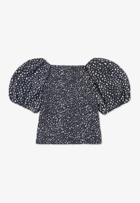 Mornarsko plava bluzica s napuhanim rukavima, s nabranim tijelom i bijelom točkastom šablonom. Mekani materijal s teksturiranim završetkom.