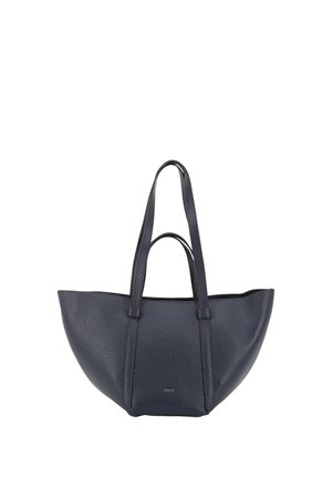 Dark blue textured leather tote bag with two long handles and a small logo on the front center.
