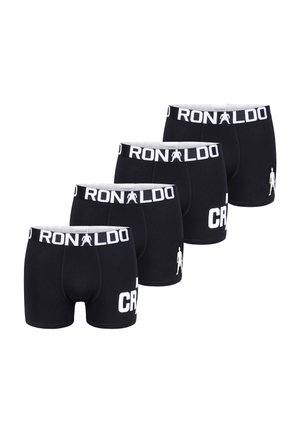 Vier zwarte boxershorts met witte taillebanden met de naam "RONALDO" en kleine silhouetlogo's op de benen.