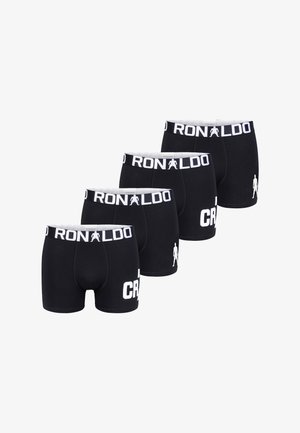 Vier zwarte boxershorts met witte taillebanden met de naam "RONALDO" en kleine silhouetlogo's op de benen.